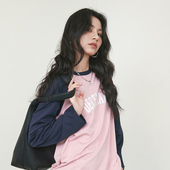 插肩袖 Decemarch春宽松套头长袖 圆领印花复古美式 T恤拼色上衣