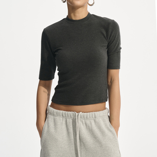 上衣 T恤女小半高领弹力紧身短款 Decemarch秋冬暖皮绒感五分袖 修身