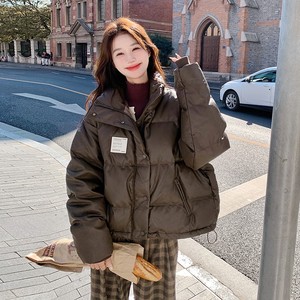 韩版面包PU皮羽绒服女冬季咖色休闲高级感短款小个子立领小众炸街，女装羽绒服，小麦子服饰