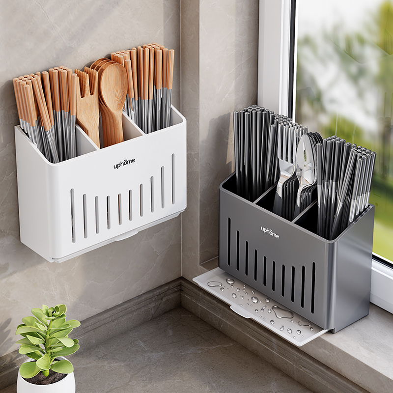 不锈钢厨房沥水筷子筒墙上家用台面勺子收纳盒壁挂式置物架筷笼篓