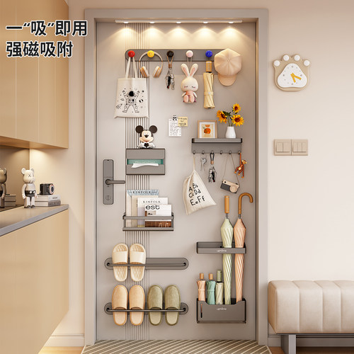 入户门收纳磁吸雨伞架拖鞋架置物架免打孔门后放钥匙包包杂物挂钩