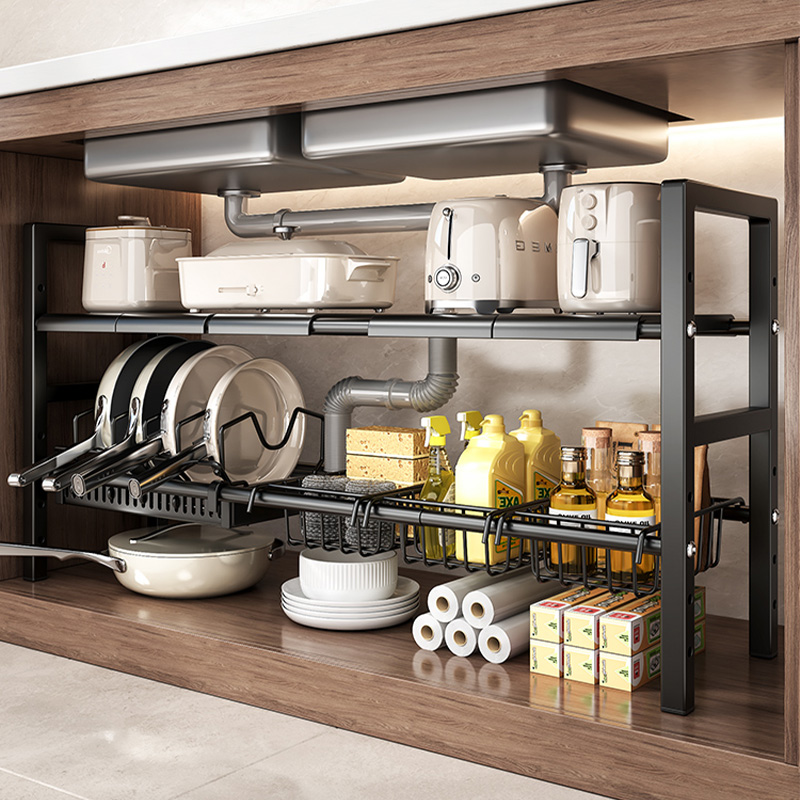 厨房下水槽置物架橱柜内分层架子锅具多层伸缩收纳锅架多功能家用