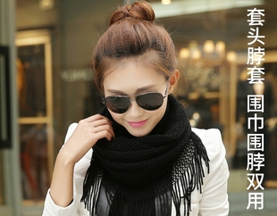 时尚 针织保暖围巾女 百搭 毛线套头流苏脖套 秋冬黑色仿羊绒围脖