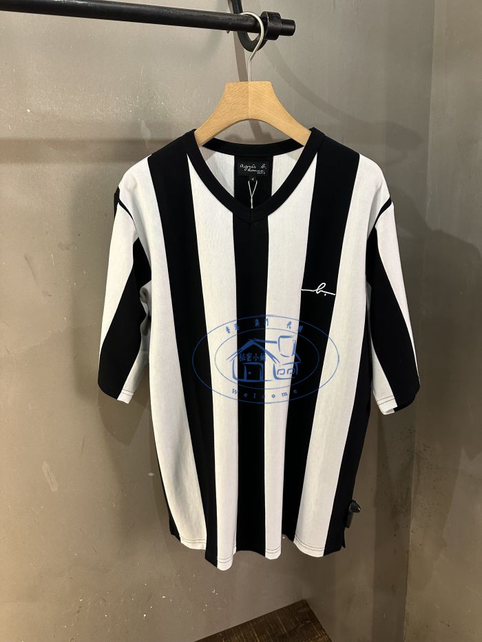 香港專櫃代購agnes b.HOMME竖条纹V领撞色短袖百搭T恤 24春夏男装