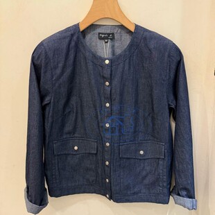 香港專櫃代購agnes b 時尚b字扣牛仔圓領長袖短外套 25春夏女款