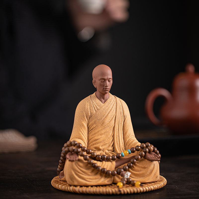 中式禅意紫砂小和尚人物摆件家居客厅茶室博古架装饰陶瓷工艺品