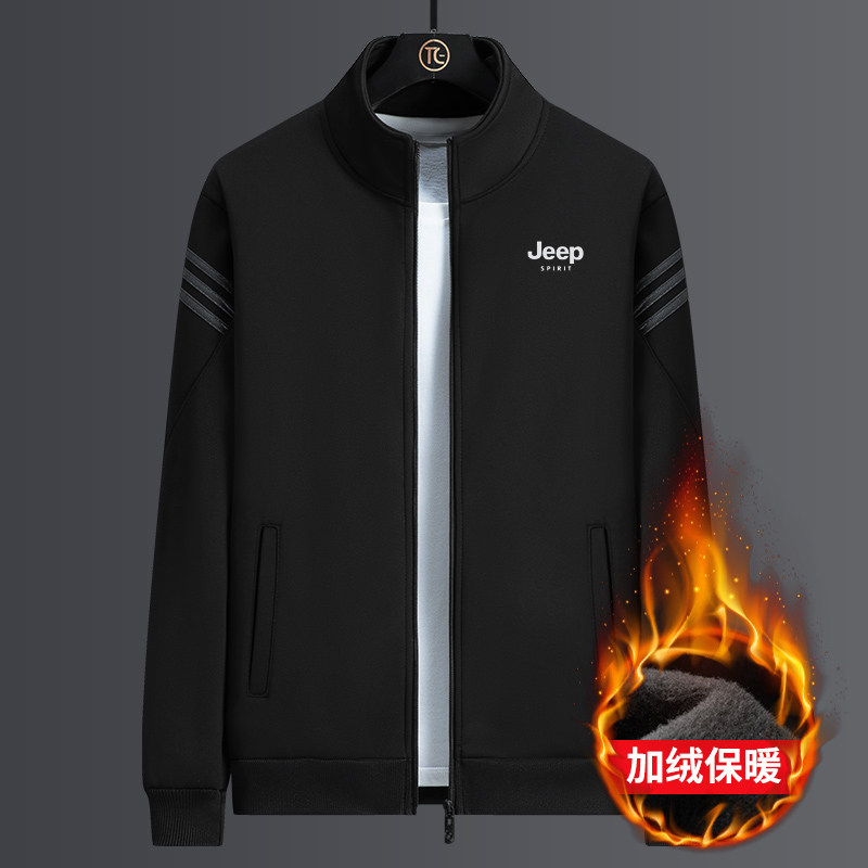 新款秋冬运动休闲条纹立领开衫大码上衣男装加绒保暖潮流百搭外套