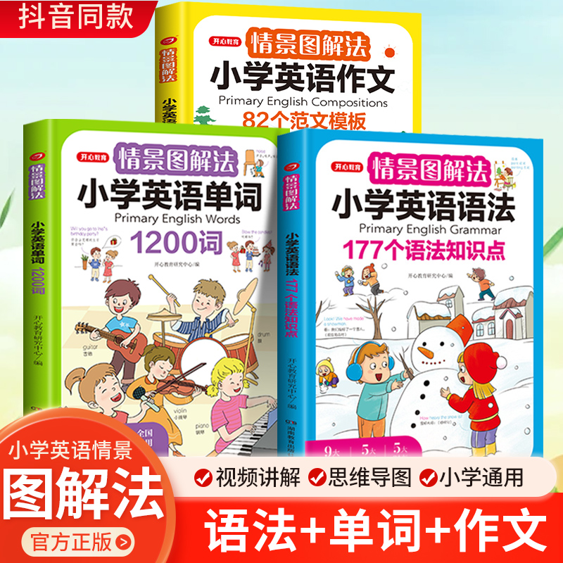 开心教育情景图解法小学英语语法知识大全 小学英语单词1200词一二三四五六年级177个语法知识点专项强化训练词汇句型总表讲解作文