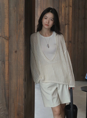 女装针织源头工厂镂空针织衫女夏天薄款25新款大U领罩衫白色上衣