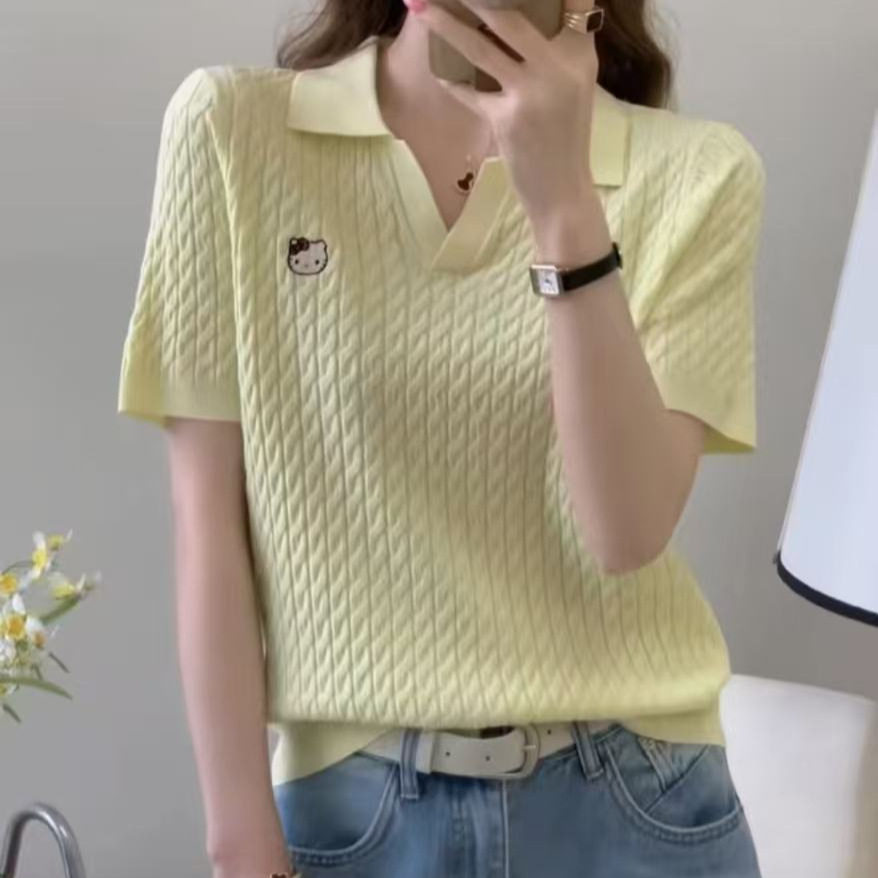 谷系列2026夏季柔软舒适麻花翻领凉爽猫咪刺绣天丝短袖针织衫806