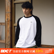 BDCT春秋日系复古撞色山系插肩袖t恤男 宽松休闲纯棉圆领长袖情侣