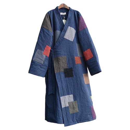 原创冬加厚交领无领贴布补丁棉花棉袍棉衣百衲衣禅修打坐居士灰色