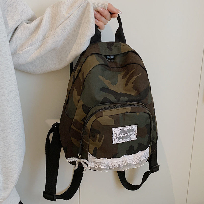 韩国迷彩豹纹蕾丝装饰双肩包女帆布美式复古小书包女休闲小众背包