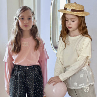 POISSON圆领假两件长袖T恤！韩国童装代购2026春款女童长袖上衣