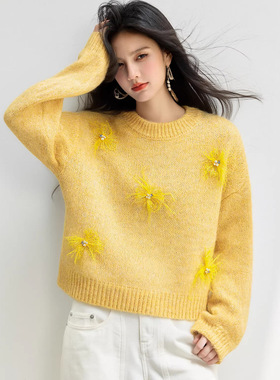 G7933网红黄色厚实保暖冬宽松圆领钉珠设计针织衫休闲时髦上衣