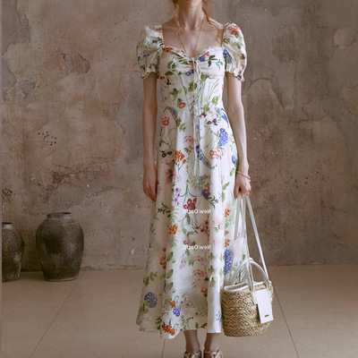 P.tre亚麻 法式鱼骨连衣裙印花丝缎质感连衣裙 2026夏季新款百搭