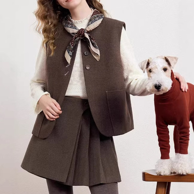 2026春季新款复古学院风美拉德毛呢套装裙马甲百褶短裙两件套