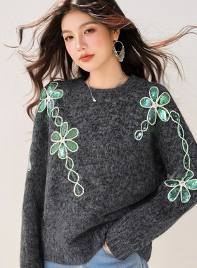 R9930气质2025重工花朵亮片圆领毛衣女秋冬针织上衣