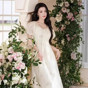 2026新款 裙子天丝白色连衣裙女L96S175 花路夏堇泡泡袖