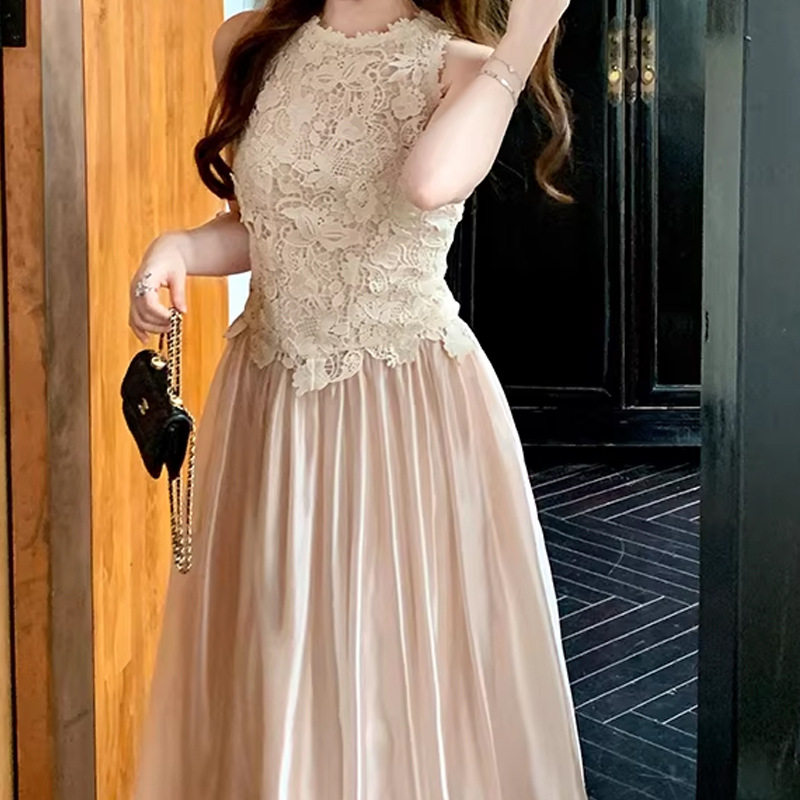 现货 法式水溶蕾丝无袖连衣裙千金气质长裙订婚礼服度假仙女裙