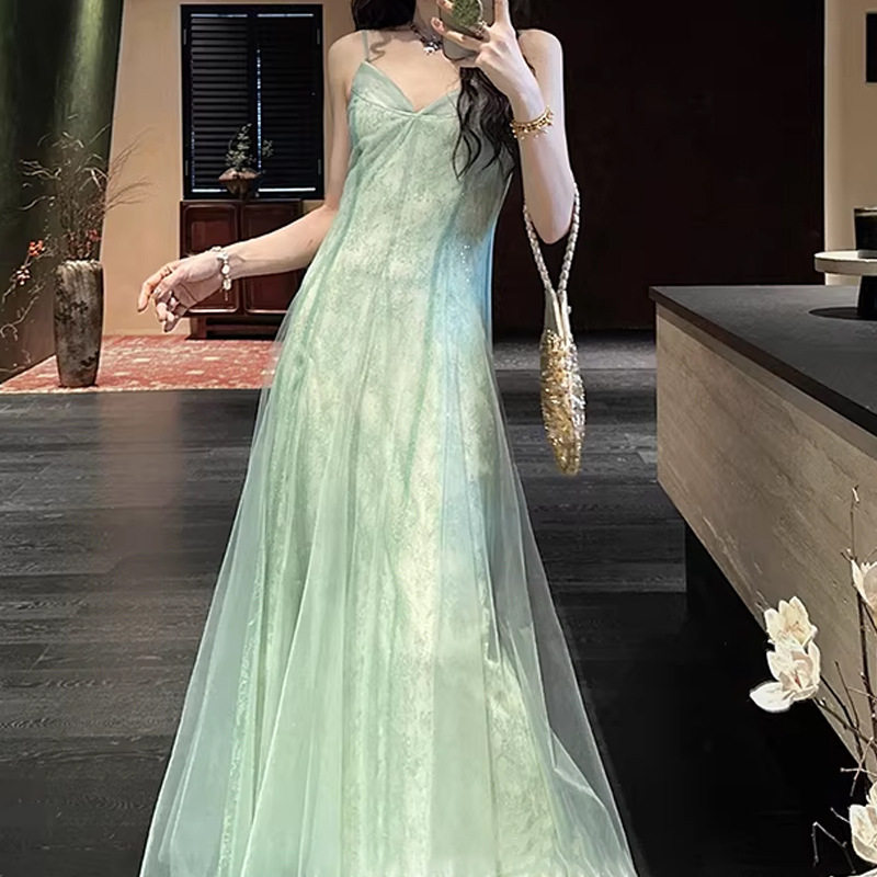 做货中【花枝影】多层次高透网纱亮片蕾丝吊带裙网纱新中式长裙