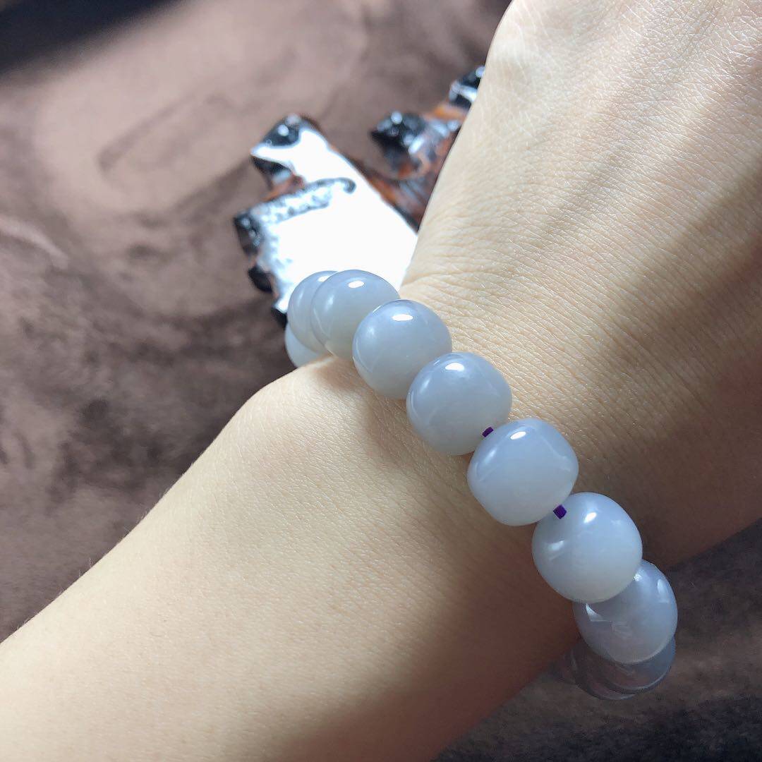 天然玉石新疆和田玉手串紫罗兰烟紫烟灰色手链12mm老型珠桶珠