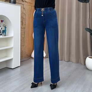 女宽松显瘦百搭蓝色休闲裤 女装 妈妈裤 长裤 春 直筒裤 高腰直筒牛仔裤