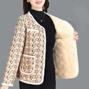 网红妈妈装 上衣 小香风秋冬加绒加厚保暖棉衣百搭外穿花棉袄短款