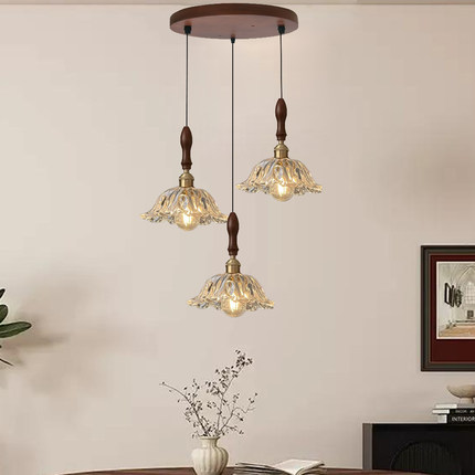 胡桃木色实木三头玻璃吊灯餐厅中古法式岛台灯创意个性led吧台长