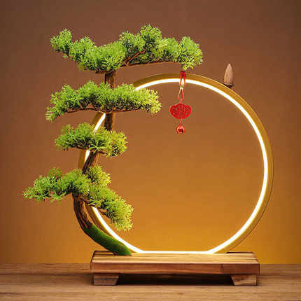 led灯圈摆件仿真崖柏树创意客厅玄关办公室家用桌面家居装饰摆设