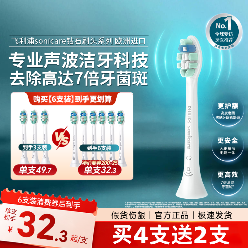 飞利浦电动牙刷头官方原装适配钻石3/7/9系列刷柄清洁护龈亮白C2