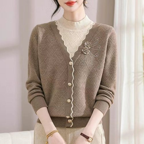 2025新款毛衣女加绒假两件针织衫时尚百搭冬季上衣羊毛衫洋气打底