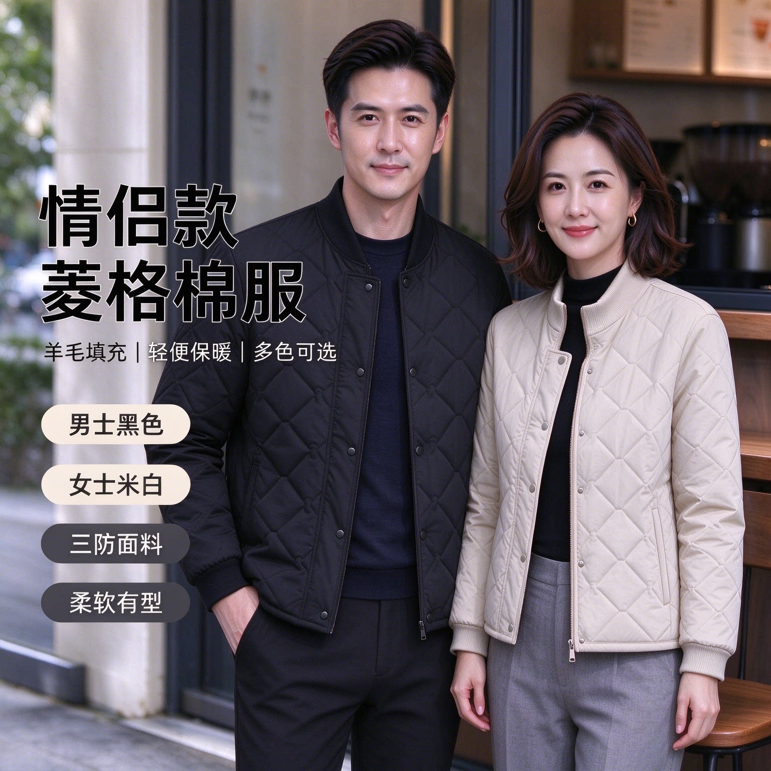 菱格绗缝短款轻薄保暖羊毛棉服