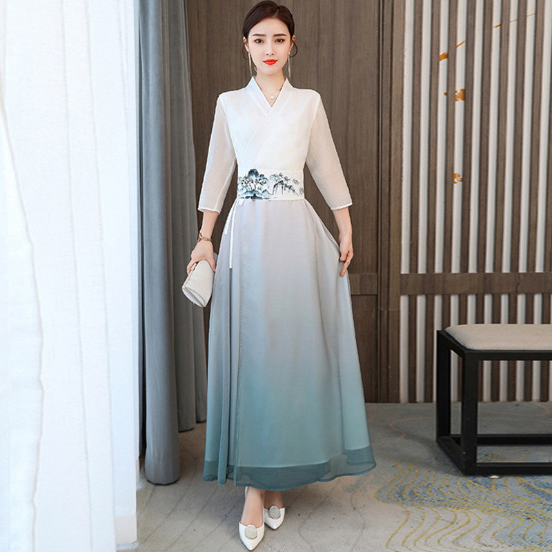 禅意茶服女收腰古装仙女连衣裙
