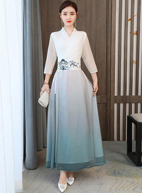 抖音同款汉服改良中国风文艺复古禅意茶服女收腰古装仙女连衣裙夏