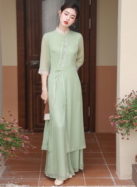 2023年春夏新款复古改良汉服女唐装禅意茶服中国风超仙半身裙套装