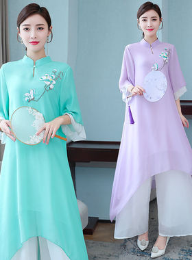 茶艺服禅意女装中国风民族风套装两件套汉服改良旗袍上衣复古茶服