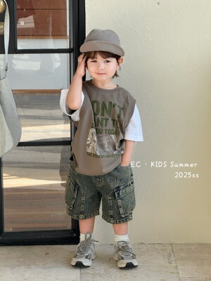 尔菲梵EC潮牌夏天季款男宝小童装纯棉短袖假两件英文洋气透气t恤
