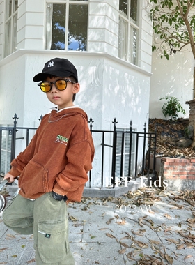 尔菲梵EC潮牌Eff中大童装秋季款男纯棉束袖英文长袖连帽卫衣上衣