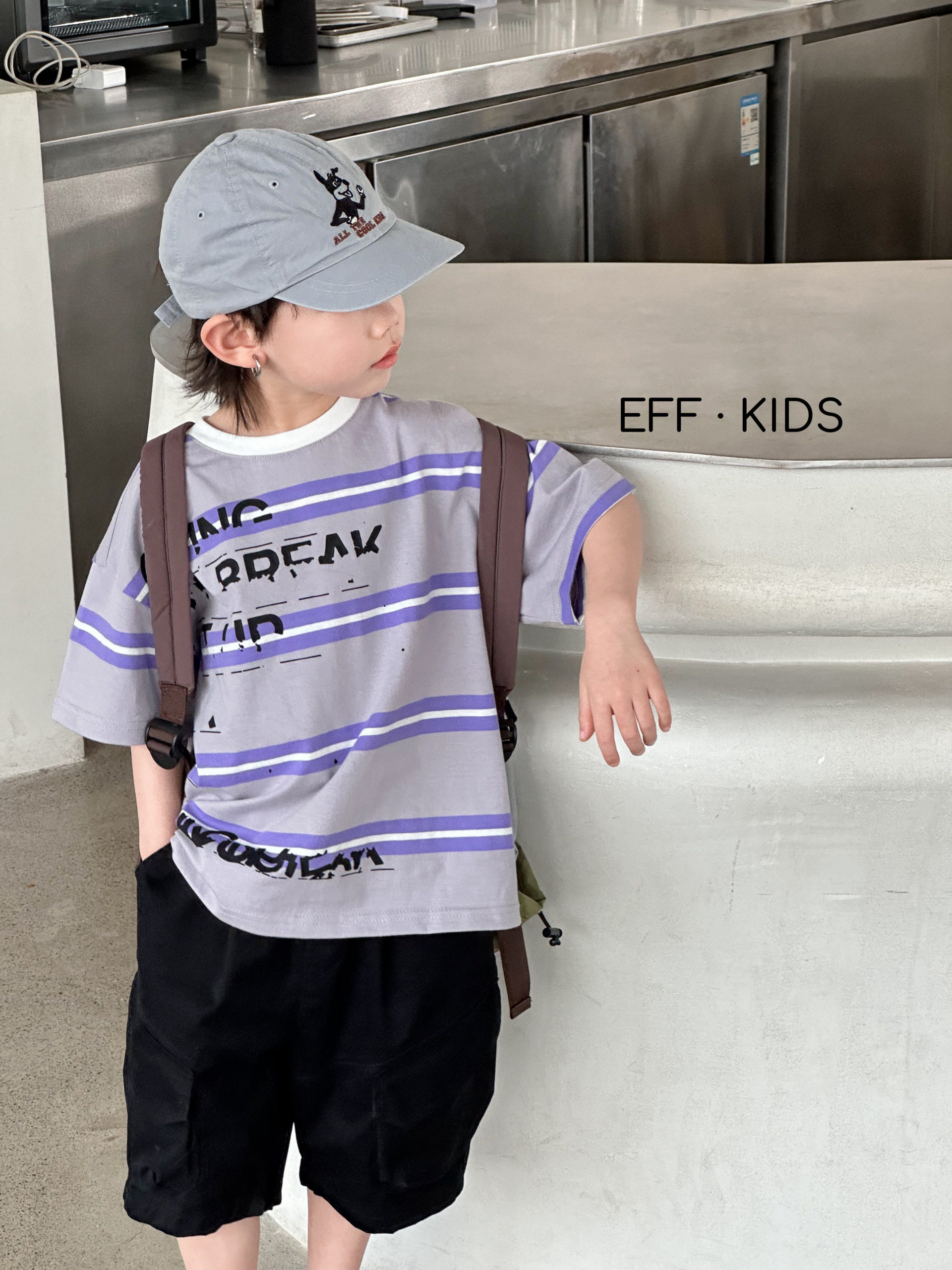 尔菲梵EC潮牌EFF夏天季款男中大童装纯棉短袖圆领英文条纹t恤衫