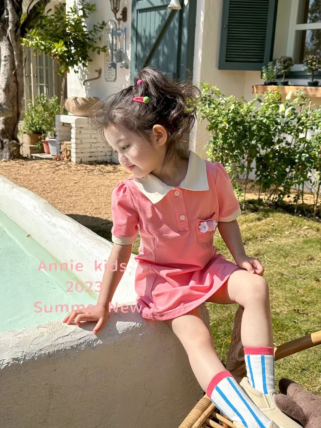 annie安妮童装女小童夏天季款糖果纯棉短袖polo长t恤直筒连衣中裙