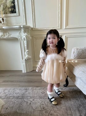 一豆一町童装冬天季款小童女宝加绒加厚可爱风贵气公主洋气连衣裙