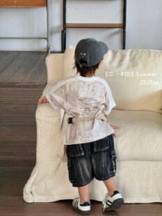 尔菲梵EC潮牌夏天季款男宝小童装纯棉短袖圆领扎染假拼接t恤衫