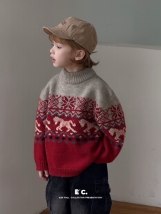 尔菲梵Ec男童小童装冬季款加厚中领提花马年主题款针织衫毛衣