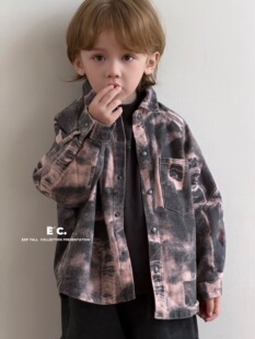 尔菲梵Ec潮牌男孩宝宝小童装冬季款加绒扎染牛仔脏脏外套衬衣酷