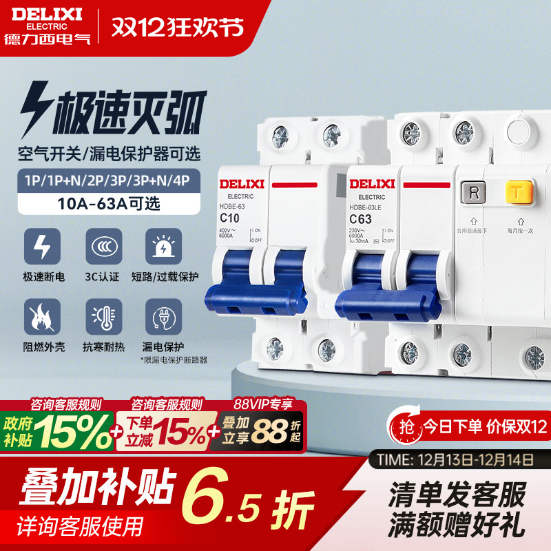 德力西空气开关断路器家用漏电保护器2P63a电闸总空开带漏电保护