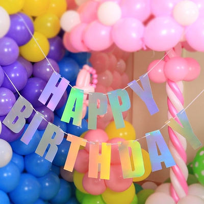 周岁成人Happy Birthday生日派对装饰镭射七彩炫酷英文字母拉旗