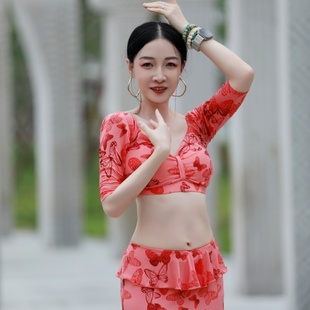 纪小白原创东方舞轻奢练功服舞蹈服套装 分体牛奶丝印花显瘦女神新