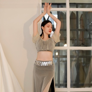 纪小白原创肚皮舞轻奢舞蹈服套装 分体半身开叉裙飘纱双层大摆裙新