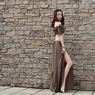 自带胸垫打底裤 轻奢高弹肚皮舞分体套装 双侧开叉新 缎影 纪小白